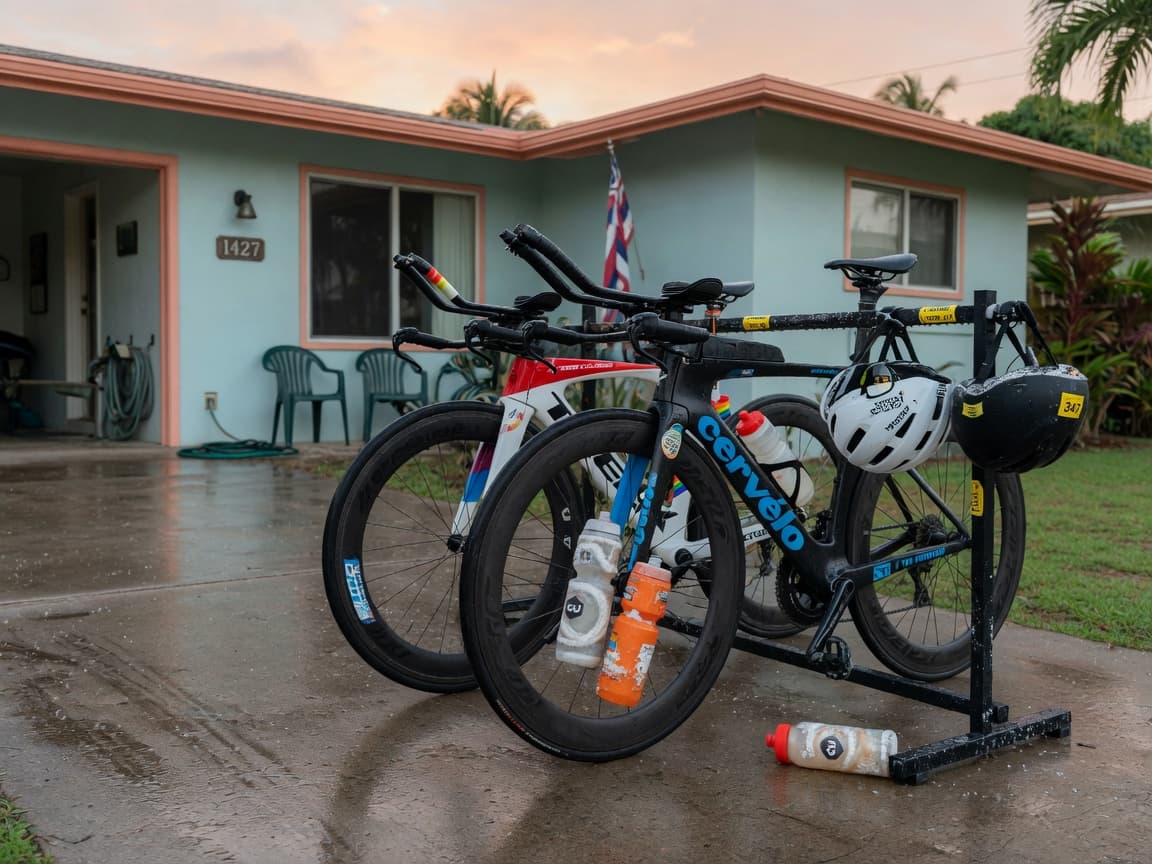 Two triathlon bikes on a rack at dawn